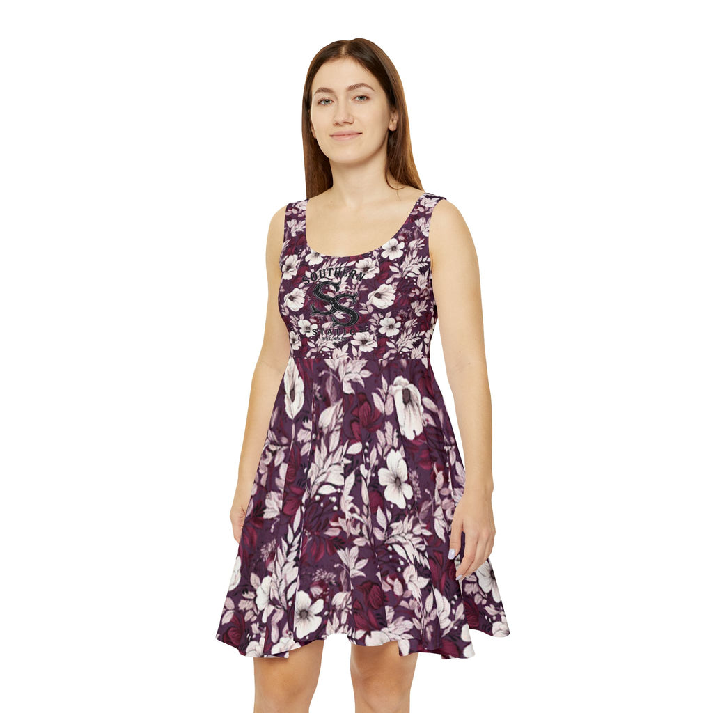 Floral Plum Skater Dress — Vintage White Hibiscus Print