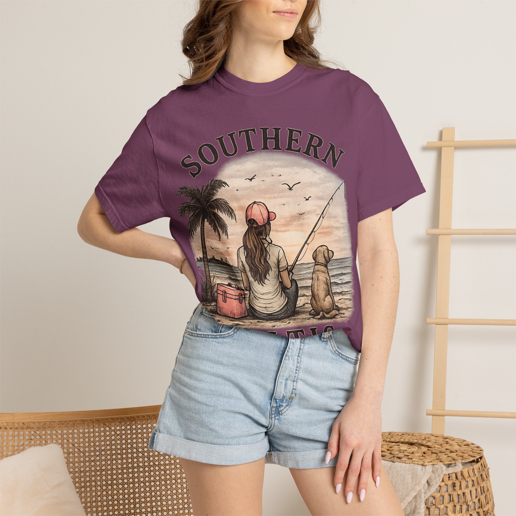 Southern Static Fishing T-Shirt — Woman & Dog Beach Sunset Tee