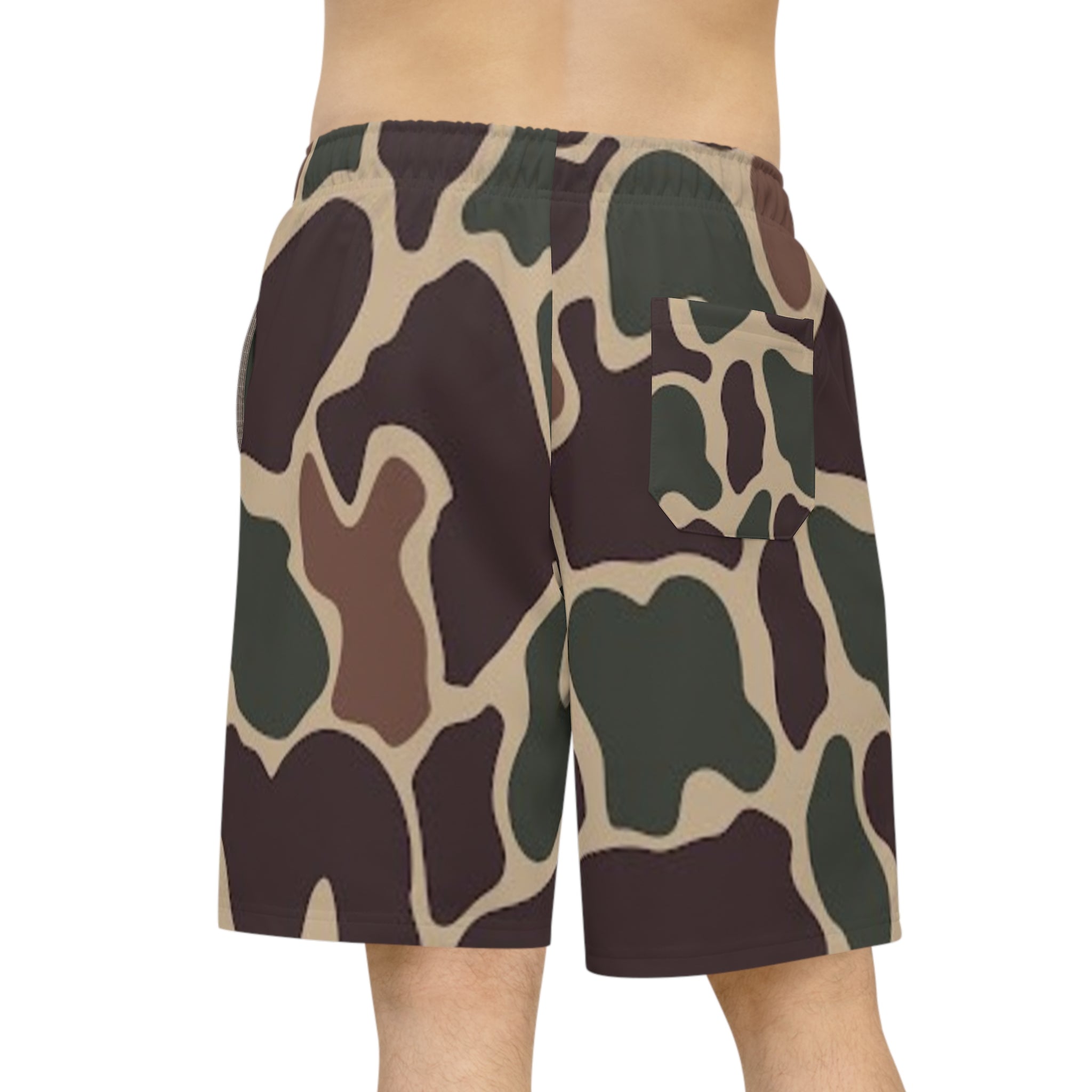Camo Athletic Long Shorts — Brown Green All-Over Print Workout Shorts
