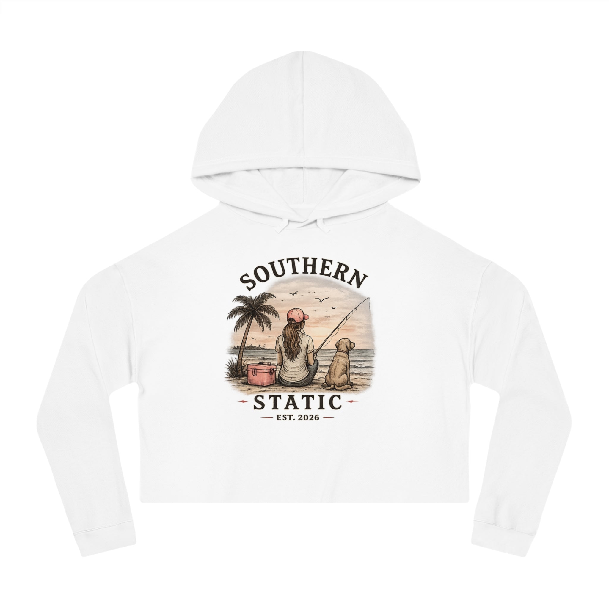 Southern Static Cropped Hoodie – Coastal Sunset Graphic