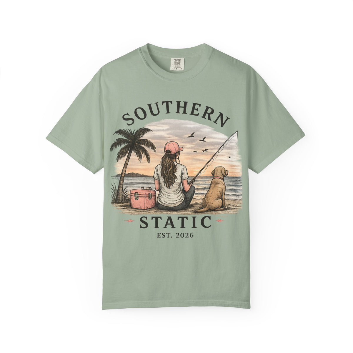 Southern Static Fishing T-Shirt — Woman & Dog Beach Sunset Tee