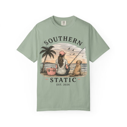 Southern Static Fishing T-Shirt — Woman & Dog Beach Sunset Tee