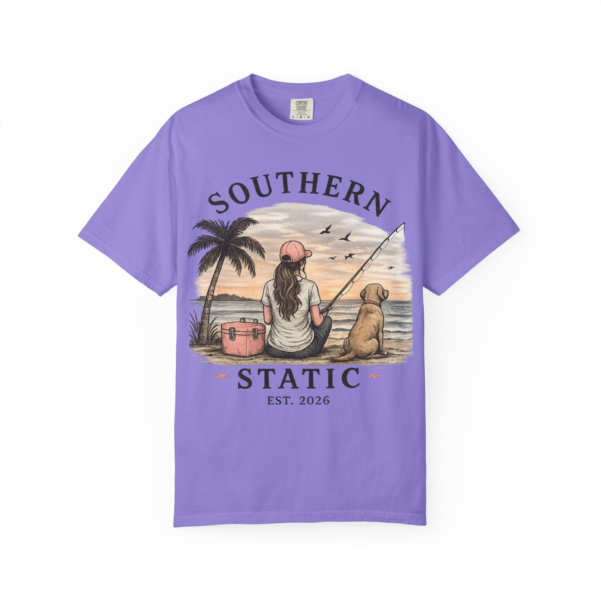 Southern Static Fishing T-Shirt — Woman & Dog Beach Sunset Tee