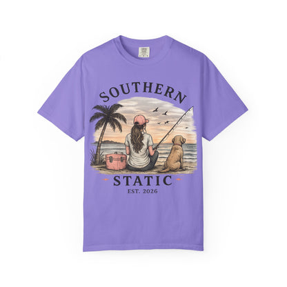 Southern Static Fishing T-Shirt — Woman & Dog Beach Sunset Tee