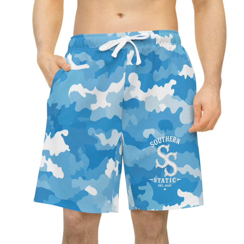 Blue Camo Athletic Long Shorts — Half-Print Performance Shorts