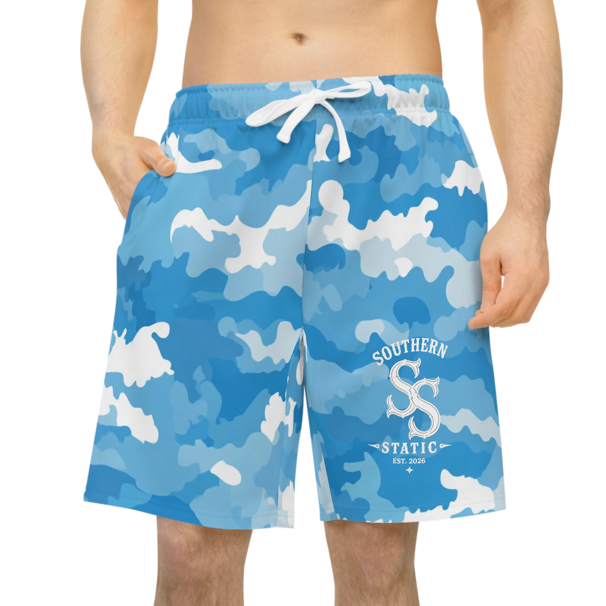 Blue Camo Athletic Long Shorts — Half-Print Performance Shorts