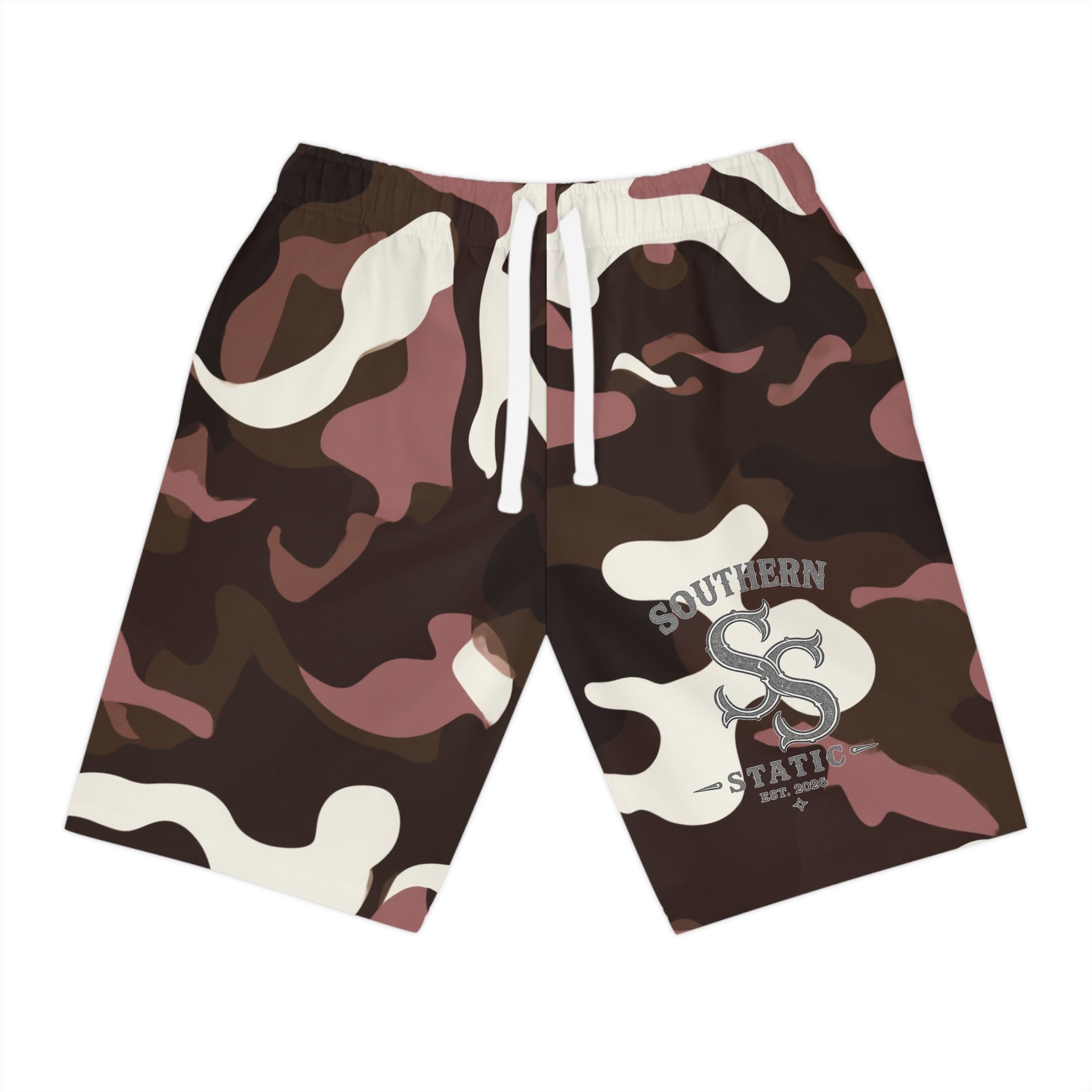 Men's Camo Athletic Shorts — Pink Brown All-Over Print with 'Southern SS' Logo
