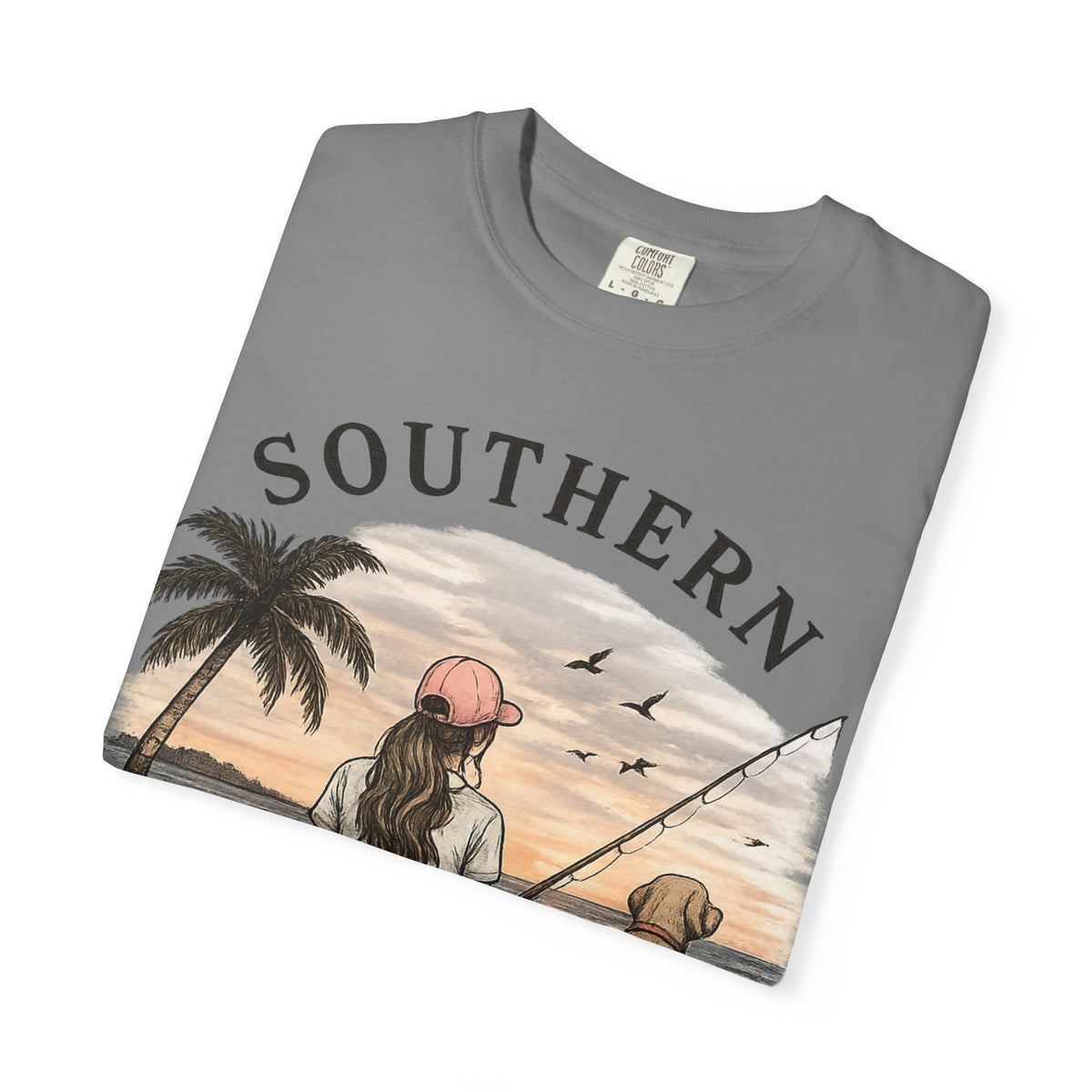 Southern Static Fishing T-Shirt — Woman & Dog Beach Sunset Tee