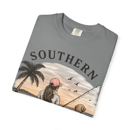 Southern Static Fishing T-Shirt — Woman & Dog Beach Sunset Tee