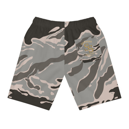 Camo Performance Athletic Shorts — Neutral Tigerstripe All-Over Print