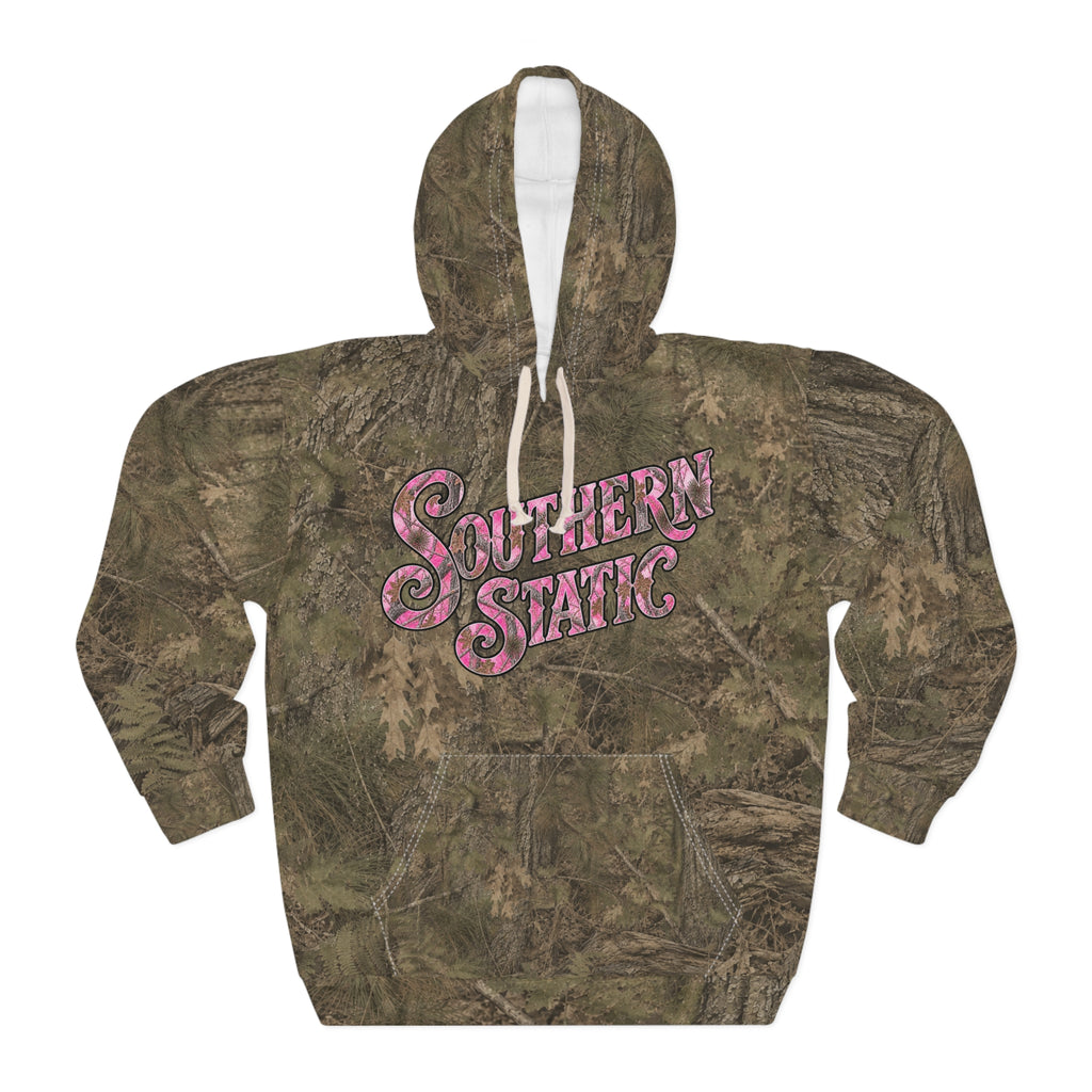 Camo "Southern Static" Hoodie — Vintage Pink Script Pullover
