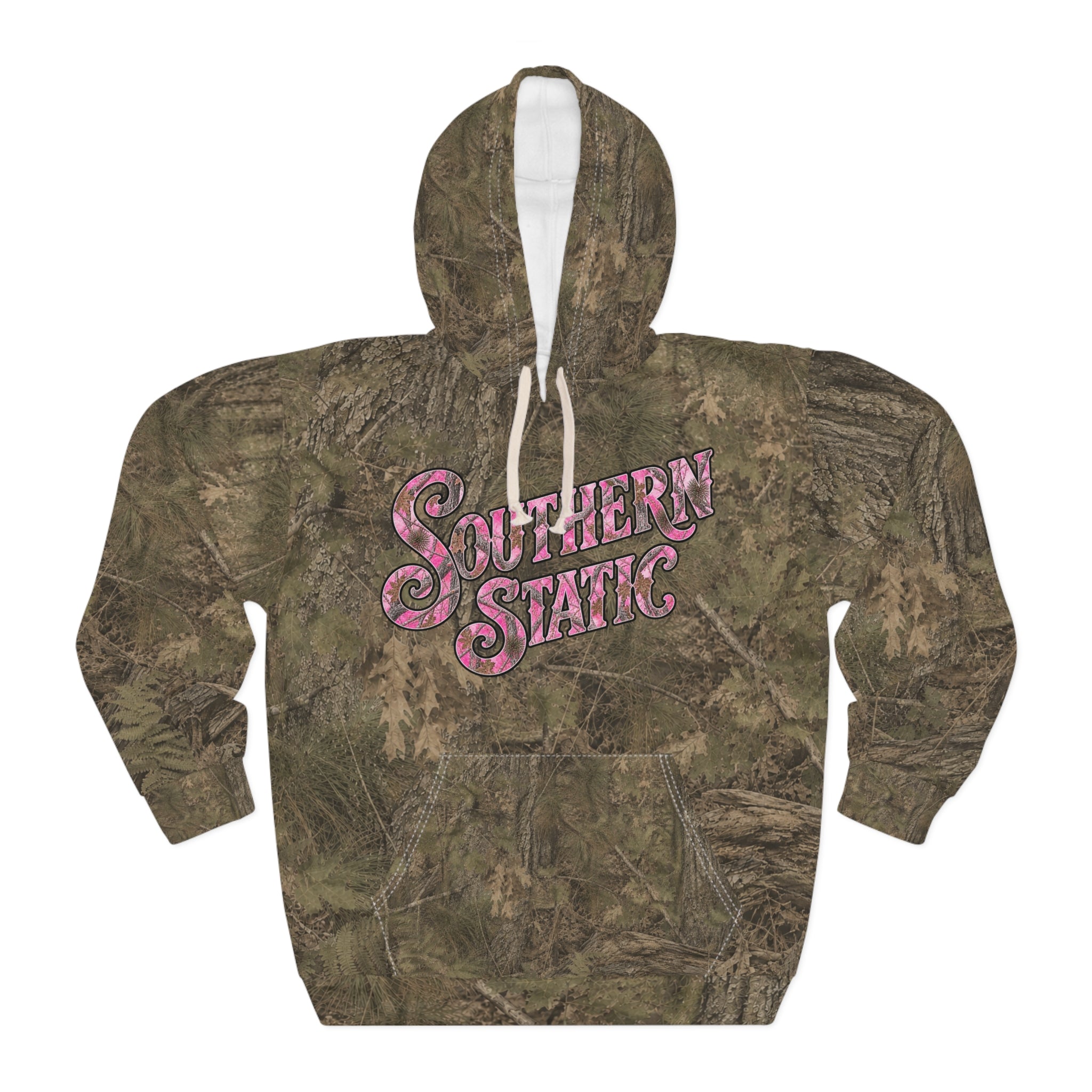 Camo "Southern Static" Hoodie — Vintage Pink Script Pullover
