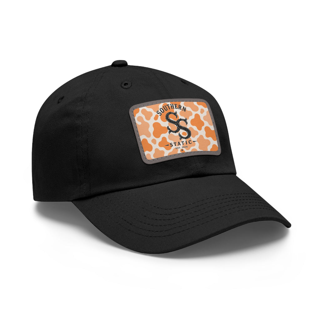 Leather Patch Dad Hat — Southern Static Monogram on Orange Camo