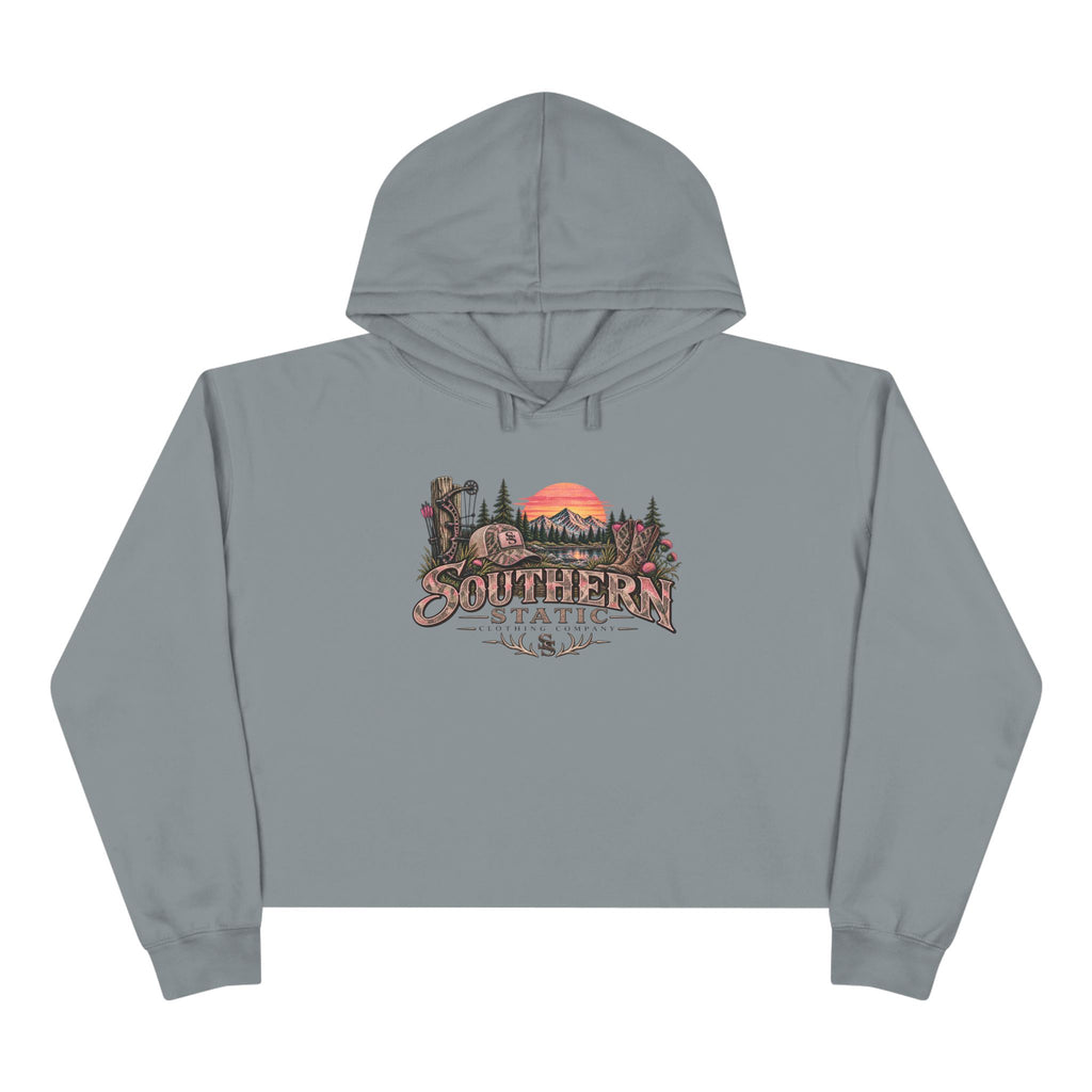 Southern Static Sunset Crop Hoodie — Scenic Mountain Forest Graphic Crop Hoodie