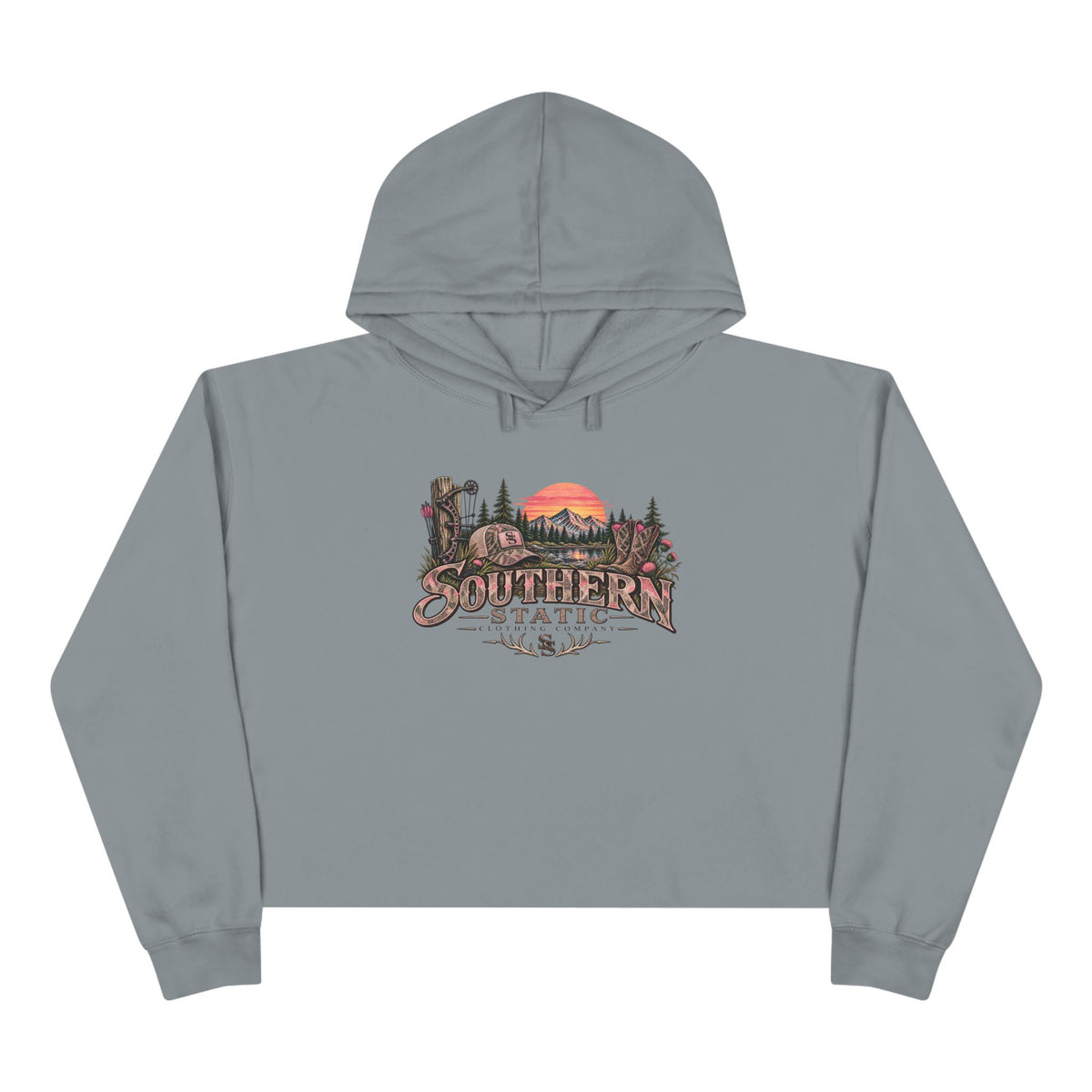 Southern Static Sunset Crop Hoodie — Scenic Mountain Forest Graphic Crop Hoodie