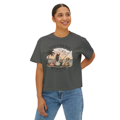 Southern Static Fishing Boxy Tee — Women's Beach Sunset Graphic T-Shirt
