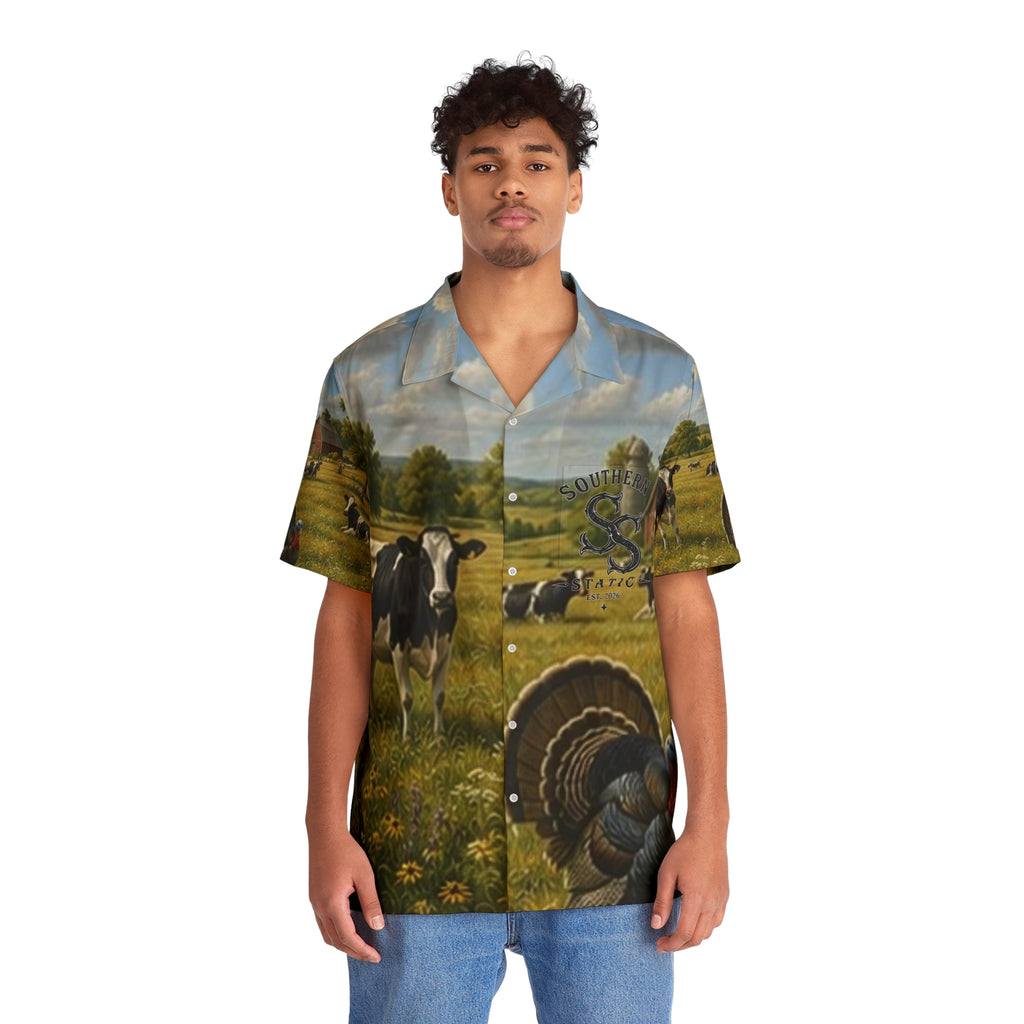 Men's Hawaiian Shirt - Rustic Farmfield Pattern with Cows & Barrel Scene
