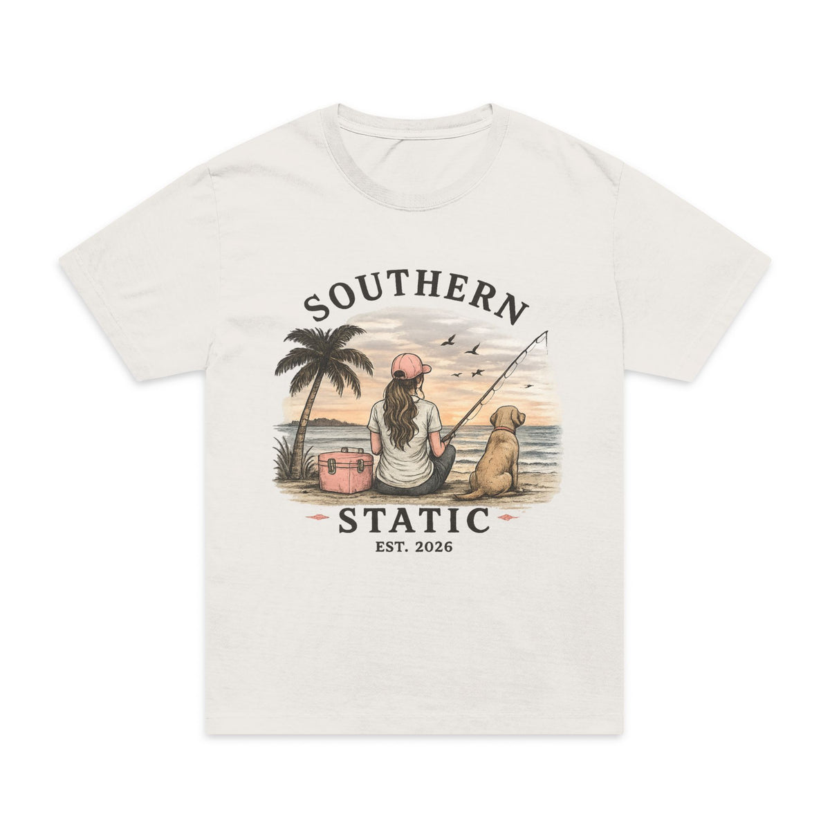 Girl’s Southern Static Fishing T-Shirt — Vintage Beach Sunset Tee (Est. 2013)