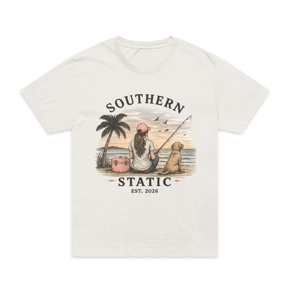 Girl’s Southern Static Fishing T-Shirt — Vintage Beach Sunset Tee (Est. 2013)