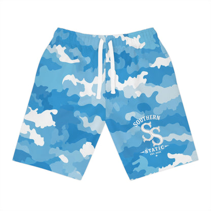 Blue Camo Athletic Long Shorts — Half-Print Performance Shorts