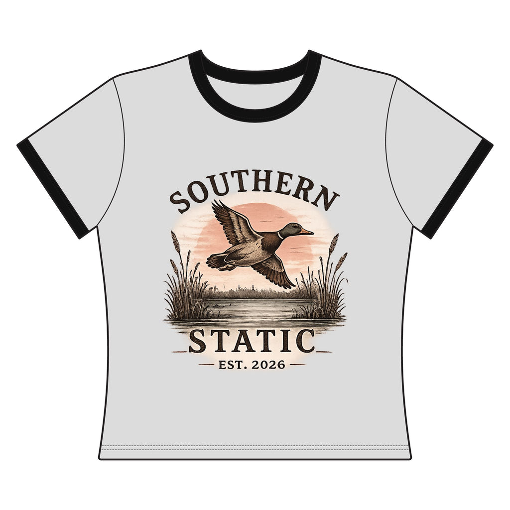 Southern Static Duck Ringer Tee — Women's Vintage Hunting Graphic Shirt