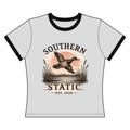 Southern Static Duck Ringer Tee — Women's Vintage Hunting Graphic Shirt