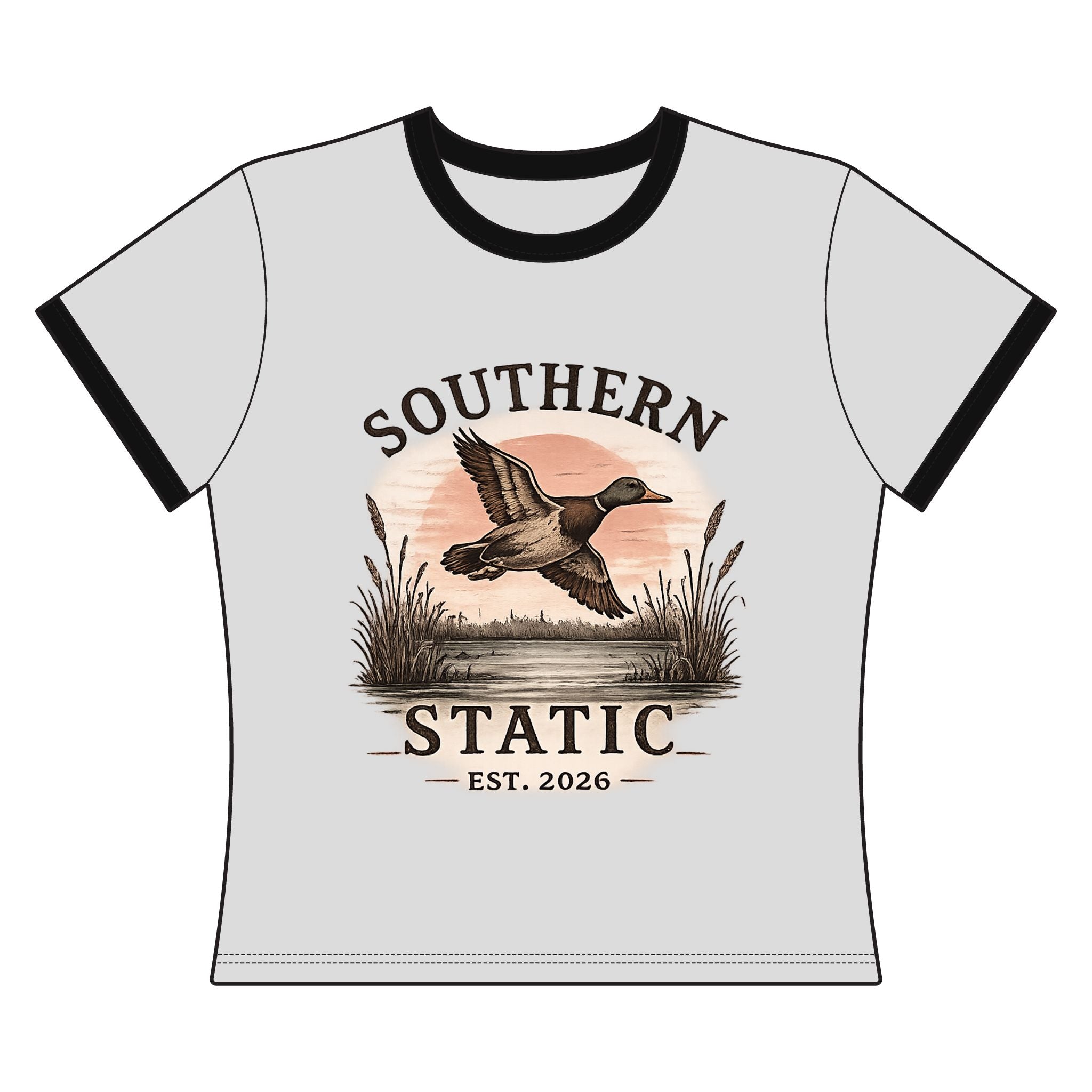 Southern Static Duck Ringer Tee — Women's Vintage Hunting Graphic Shirt
