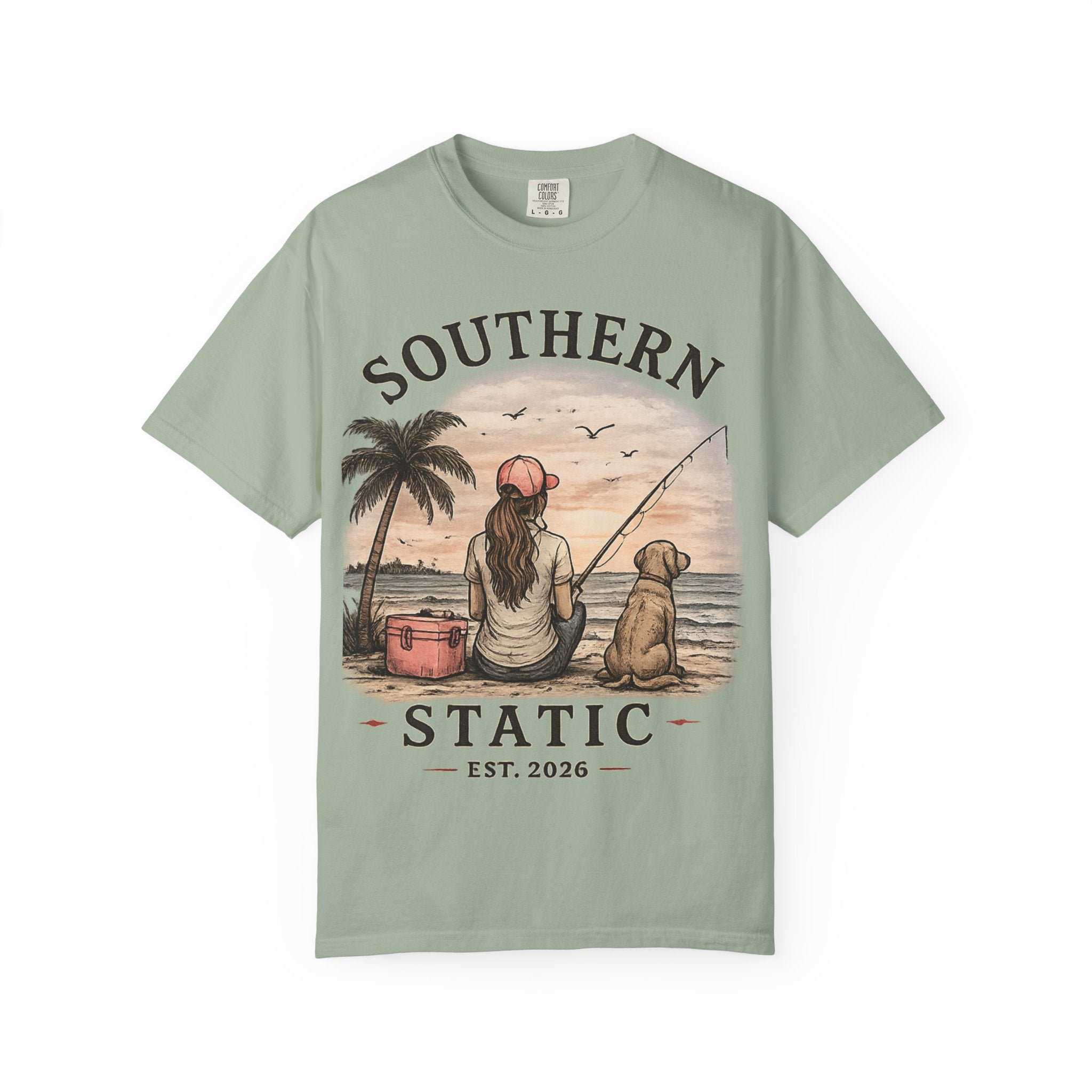 Southern Static Fishing T-Shirt — Woman & Dog Beach Sunset Tee