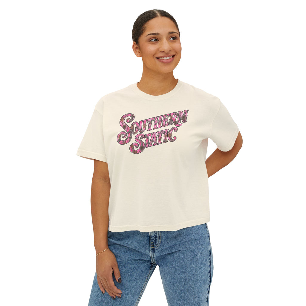 Southern Static Camo Boxy Tee — Women's Cropped Graphic T-Shirt