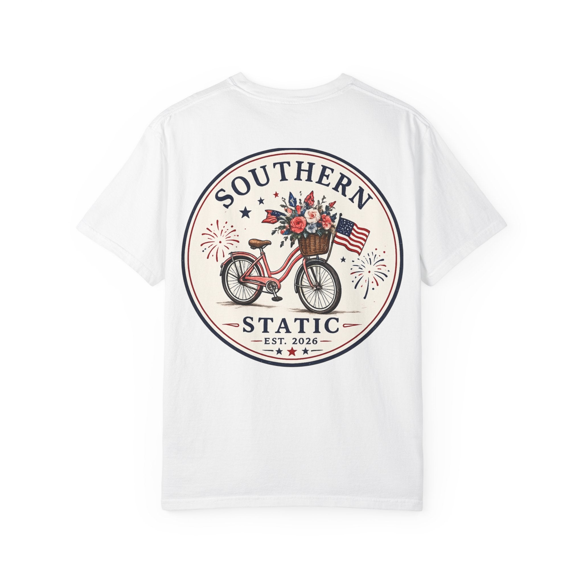 Women’s Southern Static Bicycle T-Shirt — Americana Floral Bike Tee (Est. 2026)