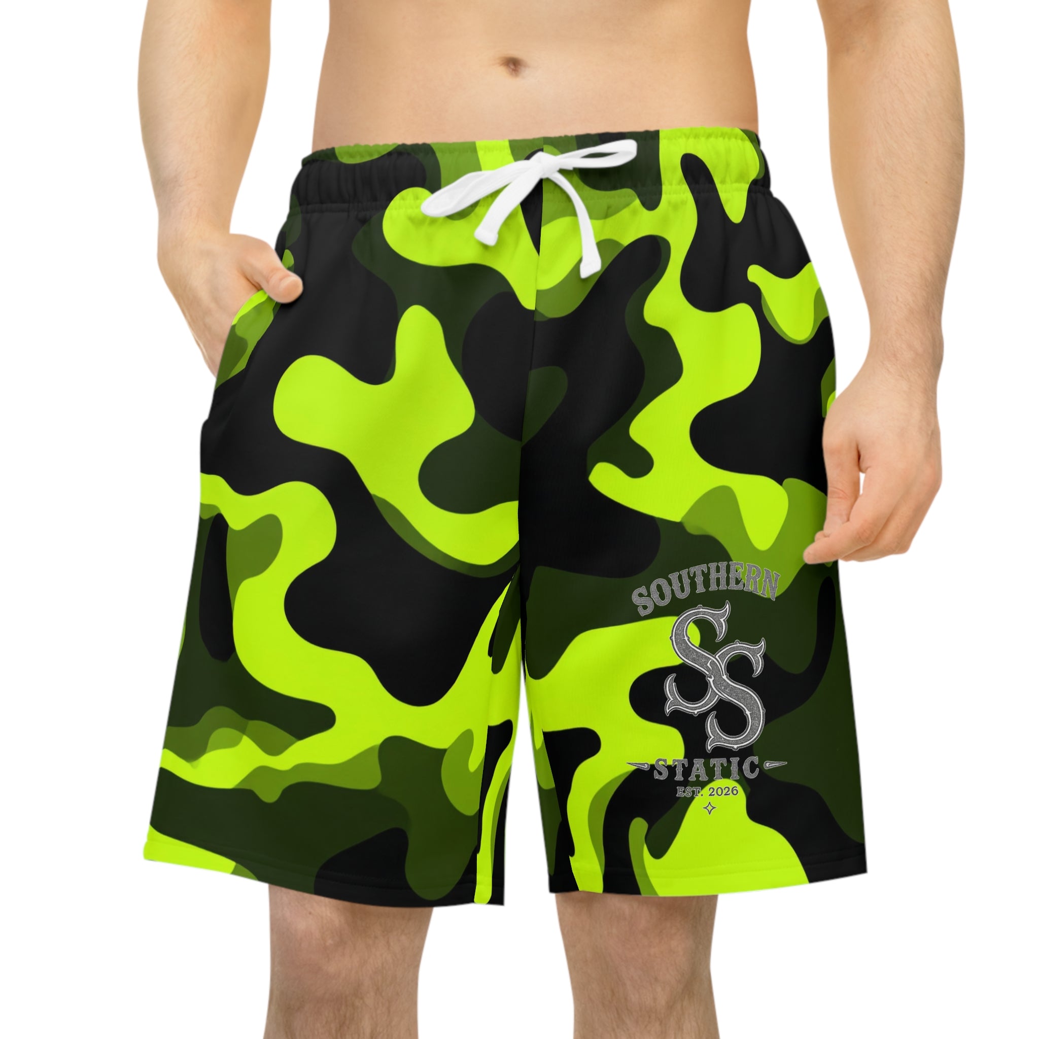 Neon Camo Athletic Shorts — High-Visibility Green Performance Trunks