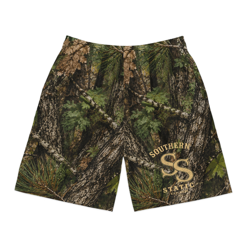 Camo Tree Bark Jogger Shorts — All-Over Forest Camouflage for Outdoorsmen