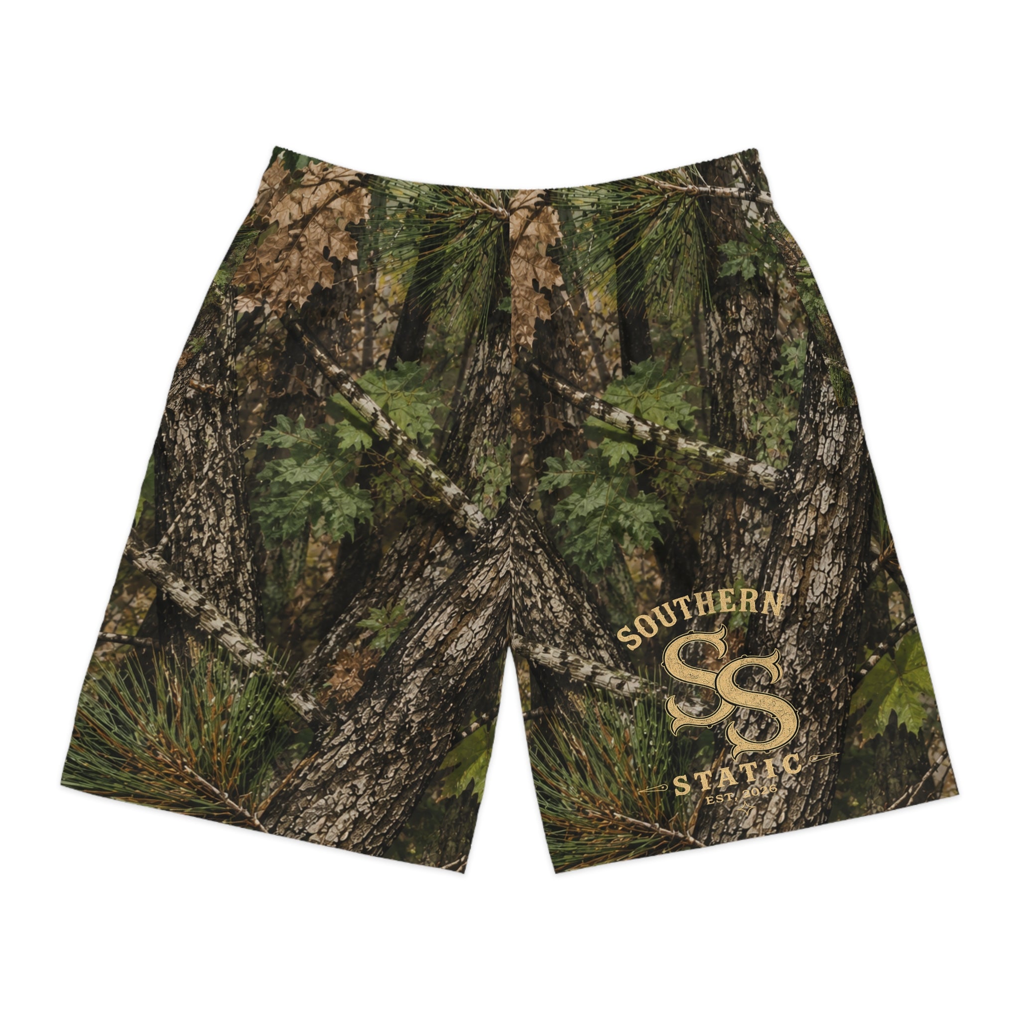 Camo Tree Bark Jogger Shorts — All-Over Forest Camouflage for Outdoorsmen