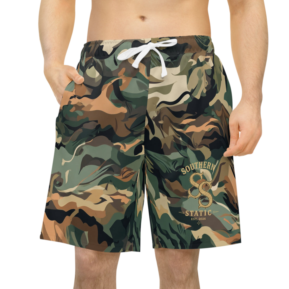 Camo Athletic Long Shorts – Southern Static Logo All-Over Print