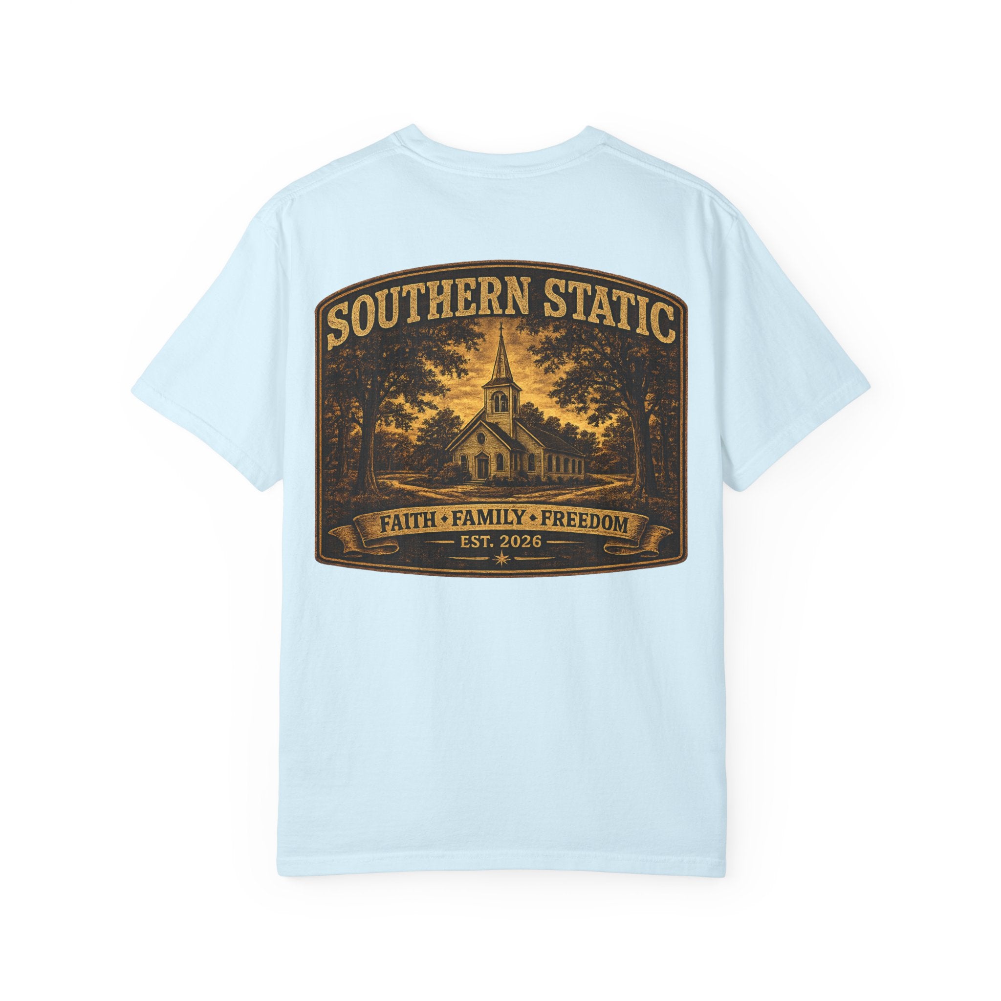 Southern Static Church Tee — Faith • Family • Freedom Graphic T‑Shirt