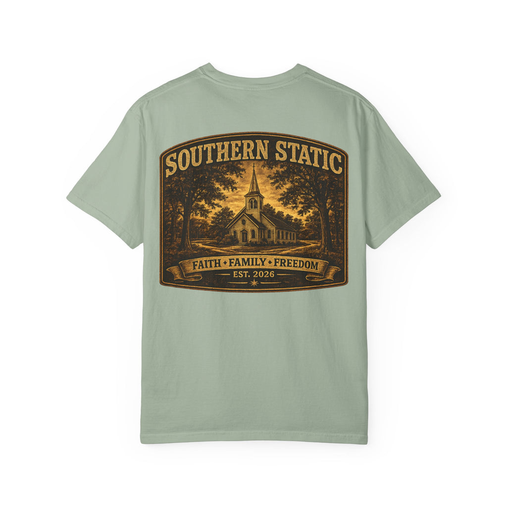 Southern Static Church Tee — Faith • Family • Freedom Graphic T‑Shirt