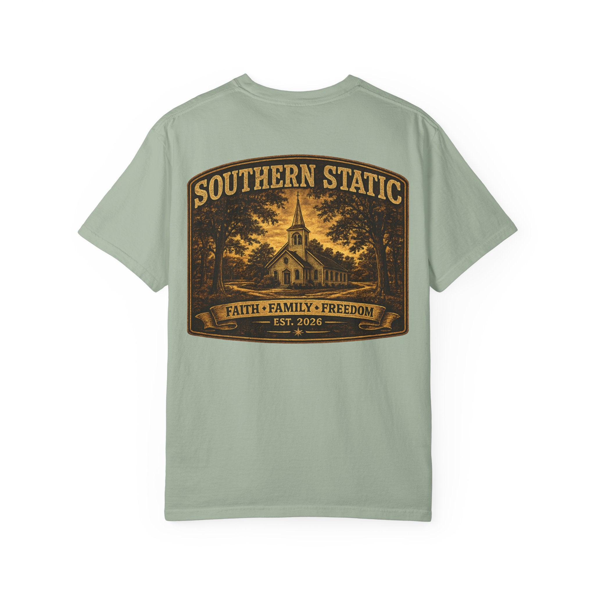 Southern Static Church Tee — Faith • Family • Freedom Graphic T‑Shirt