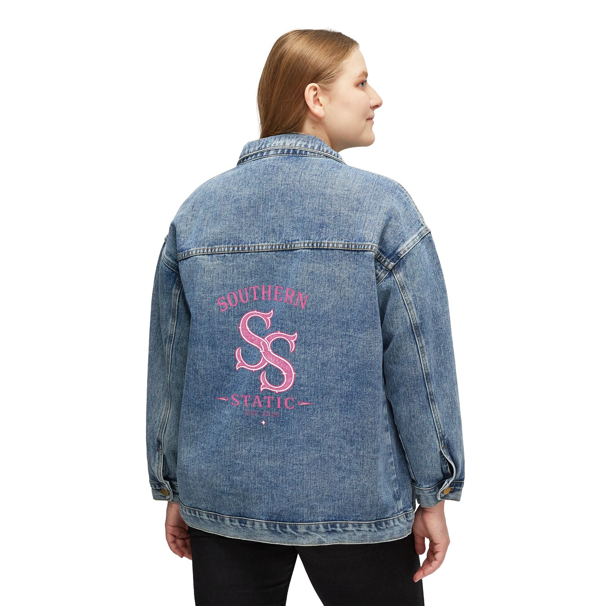 Women's Denim Jacket — Pink 'SS' Embroidered Back Logo, Casual Vintage Jean Jacket