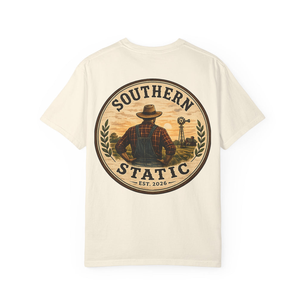 Southern Static T-Shirt — Vintage Farmer Logo Tee (Est. 2026)