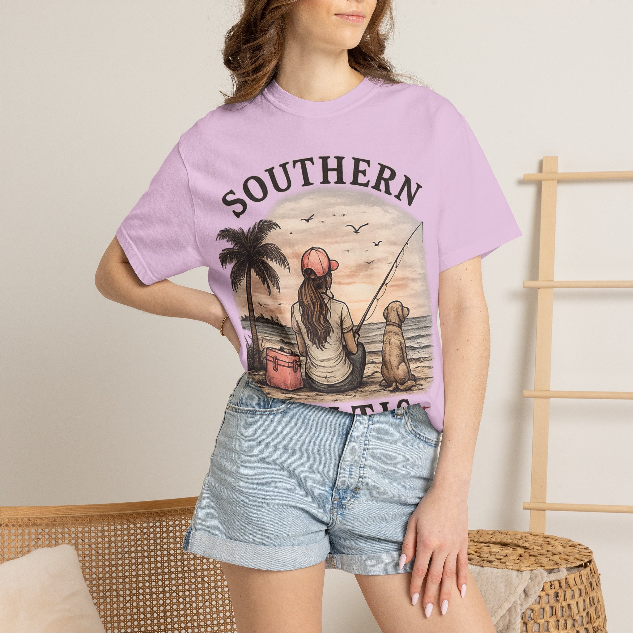 Southern Static Fishing T-Shirt — Woman & Dog Beach Sunset Tee