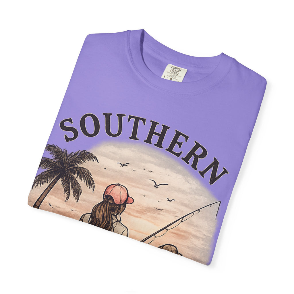 Southern Static Fishing T-Shirt — Woman & Dog Beach Sunset Tee
