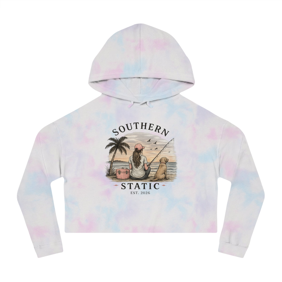 Southern Static Cropped Hoodie – Coastal Sunset Graphic