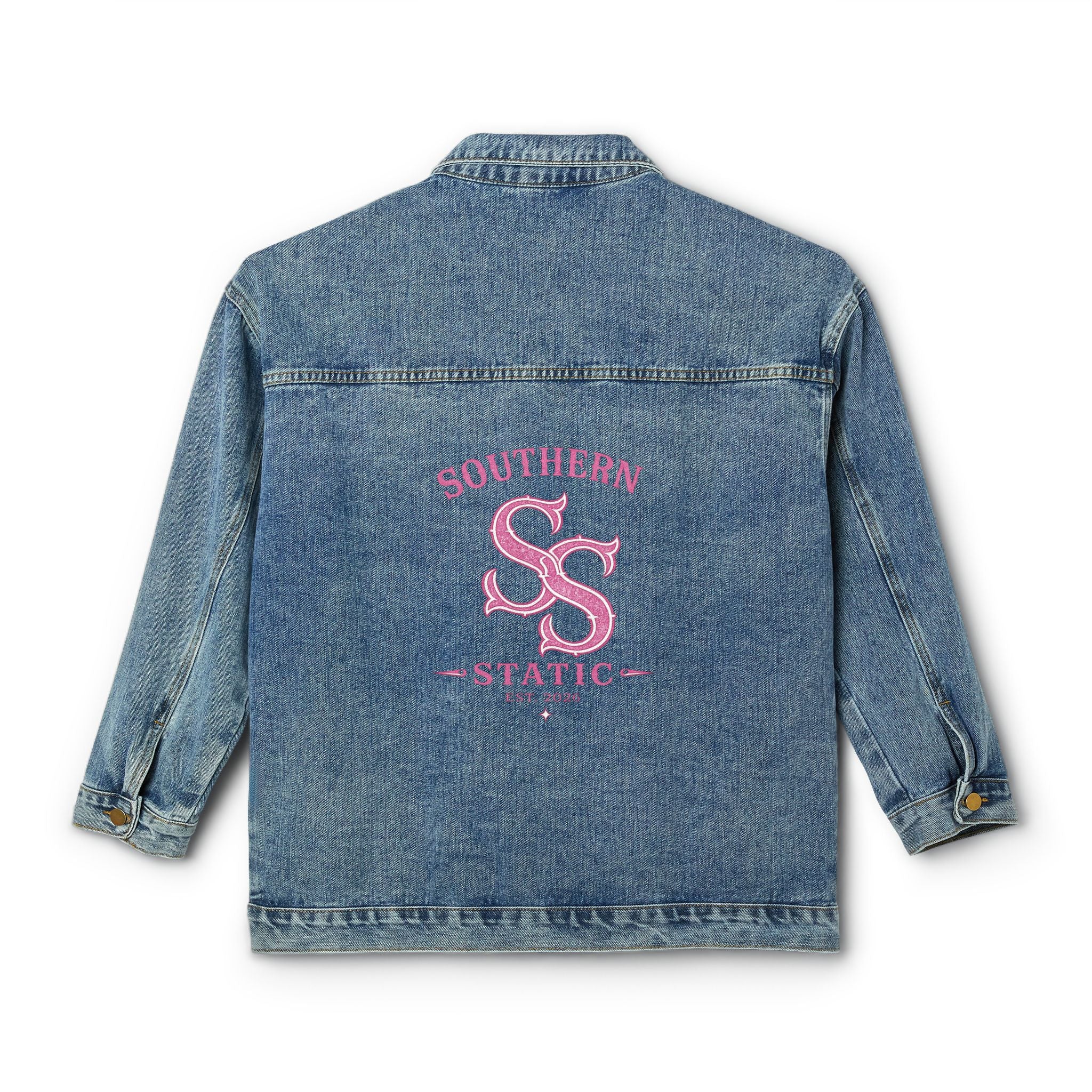 Women's Denim Jacket — Pink 'SS' Embroidered Back Logo, Casual Vintage Jean Jacket