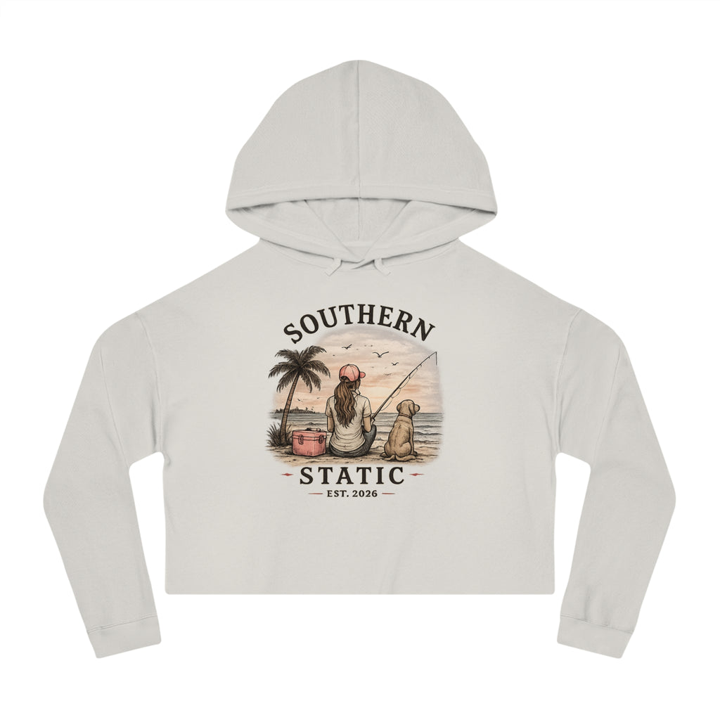 Southern Static Cropped Hoodie – Coastal Sunset Graphic