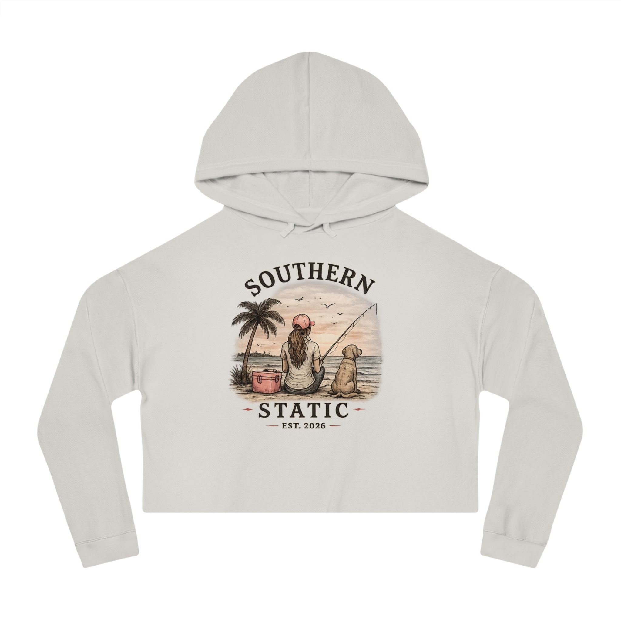 Southern Static Cropped Hoodie – Coastal Sunset Graphic