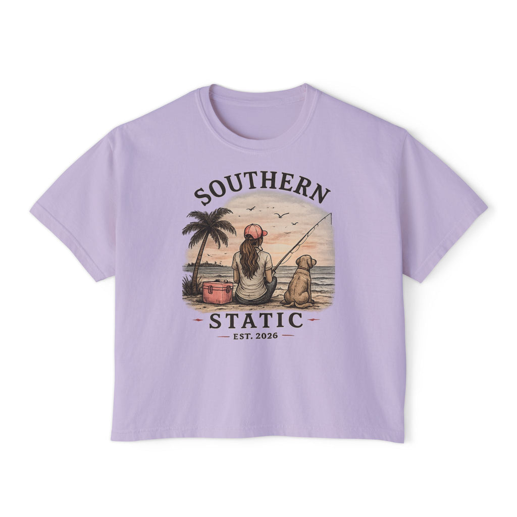 Southern Static Fishing Boxy Tee — Women's Beach Sunset Graphic T-Shirt