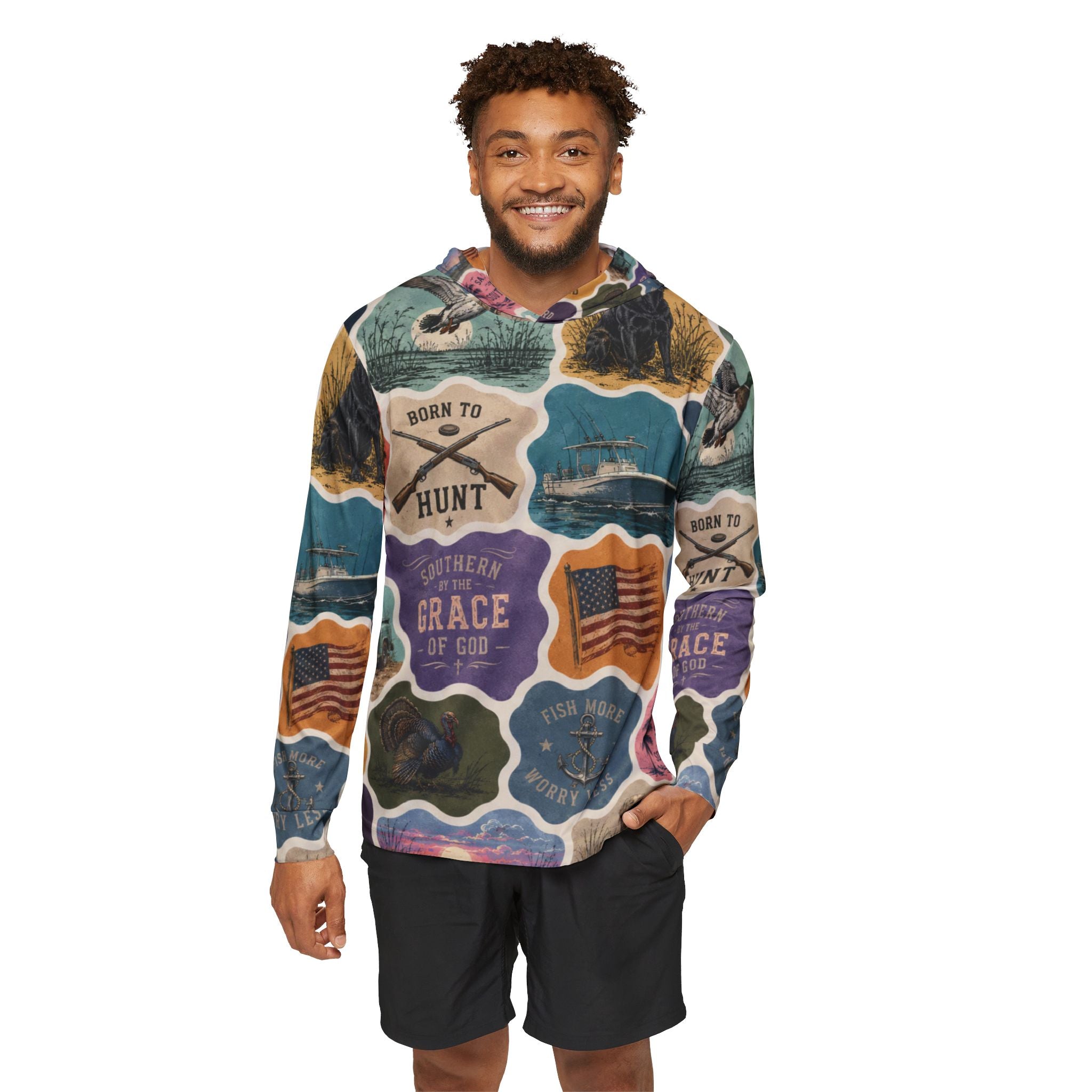 Hoodie - Vintage Outdoor Patchwork All-Over Print "Born to Hunt" Hoodie