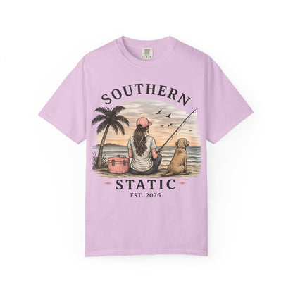 Southern Static Fishing T-Shirt — Woman & Dog Beach Sunset Tee
