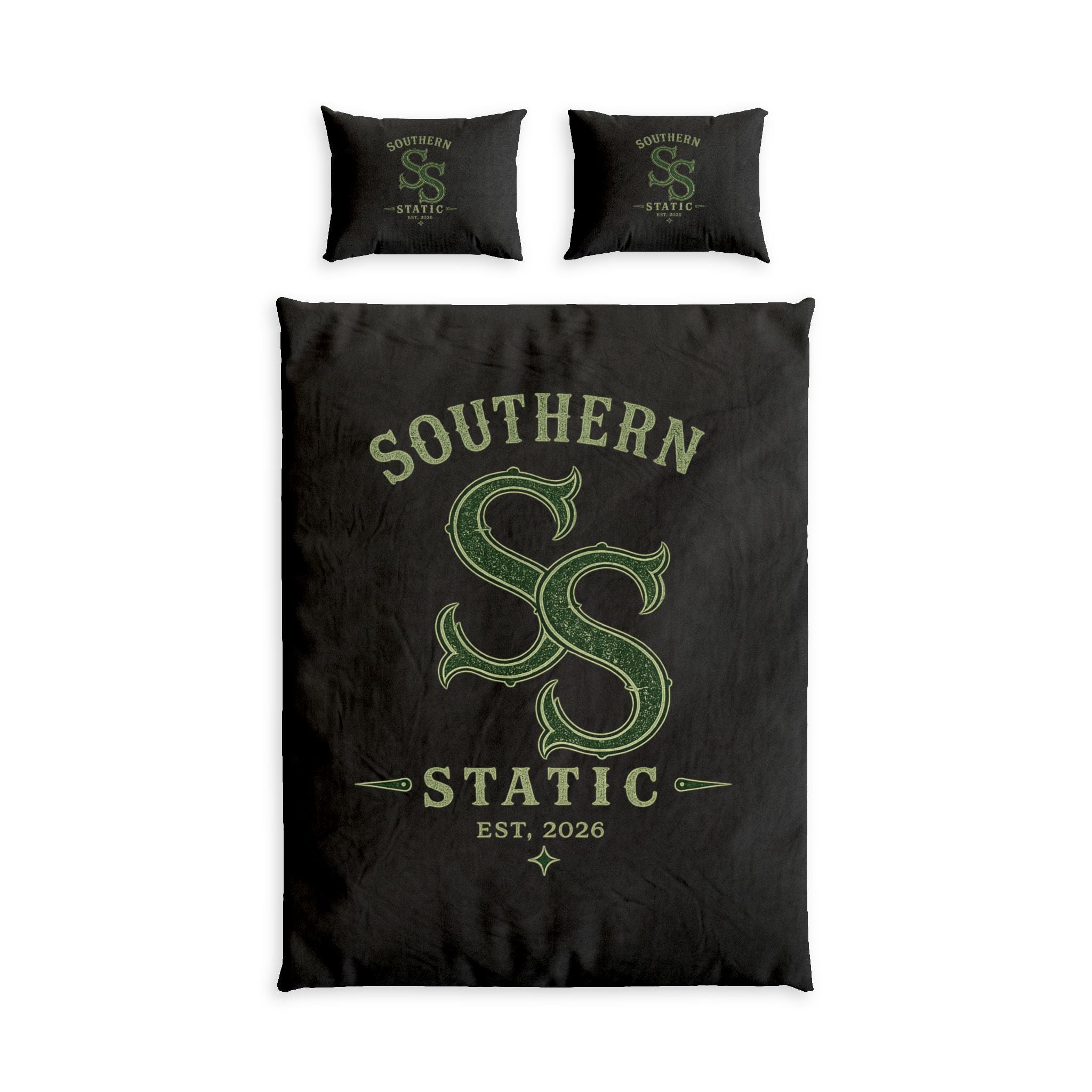 Southern Static Cotton Bed Set – Black Vintage Logo Duvet Cover & Pillowcases