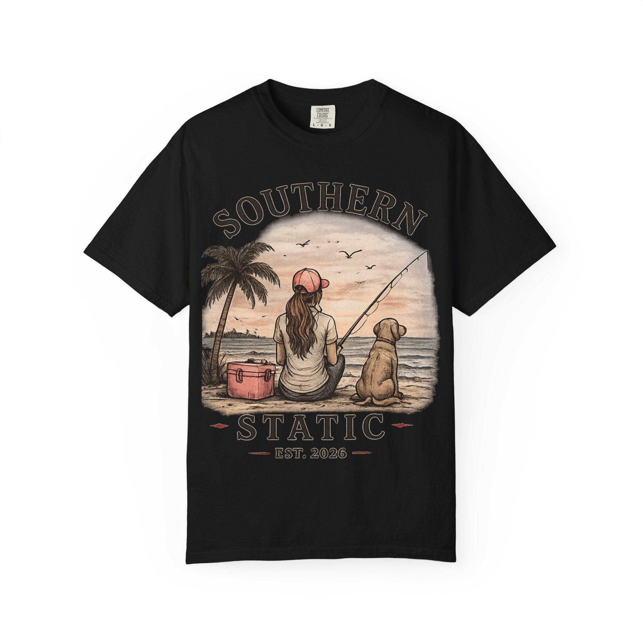 Southern Static Fishing T-Shirt — Woman & Dog Beach Sunset Tee